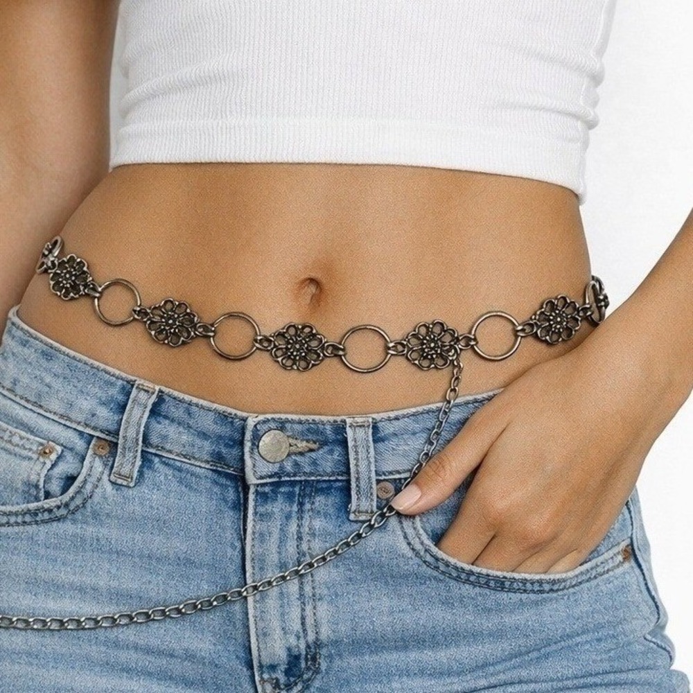 Vintage Gunmetal Floral Chain Belt Heart Charm Adjustable Filigree Waist Belt ML